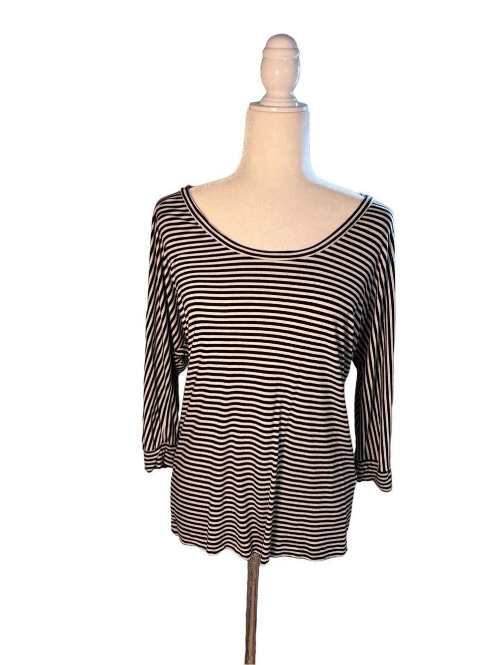 Banana Republic black and white striped 3/4 sleeve stretchy wide neck top with